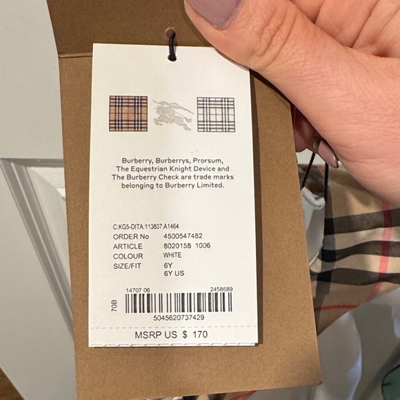 Burberry White Girls' Tee with Signature Plaid Collar - Picture 3 of 3